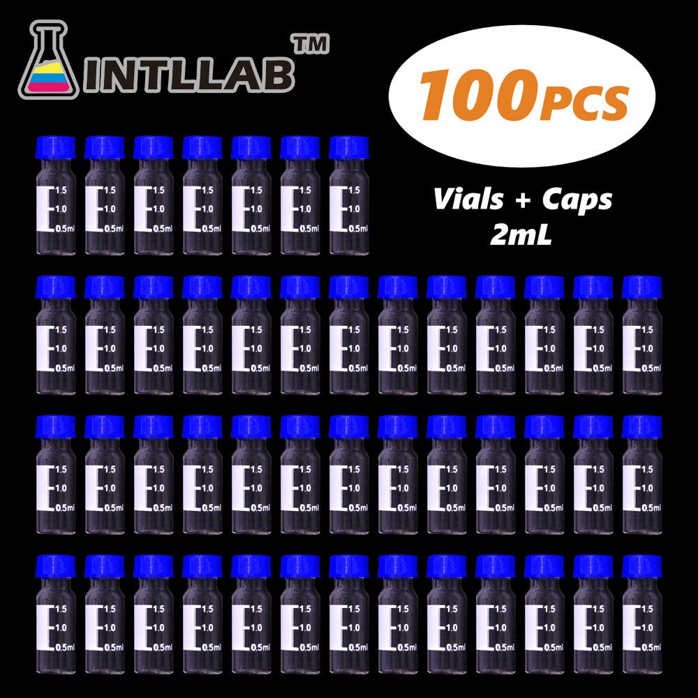 INTLLAB 100pc 2ml HPLC Autosampler Vials - 9mm Lid & Septa Graduated Lab Vials - INTLLAB Store