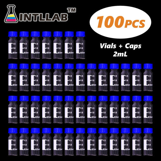 INTLLAB 100pc 2ml HPLC Autosampler Vials - 9mm Lid & Septa Graduated Lab Vials - INTLLAB Store