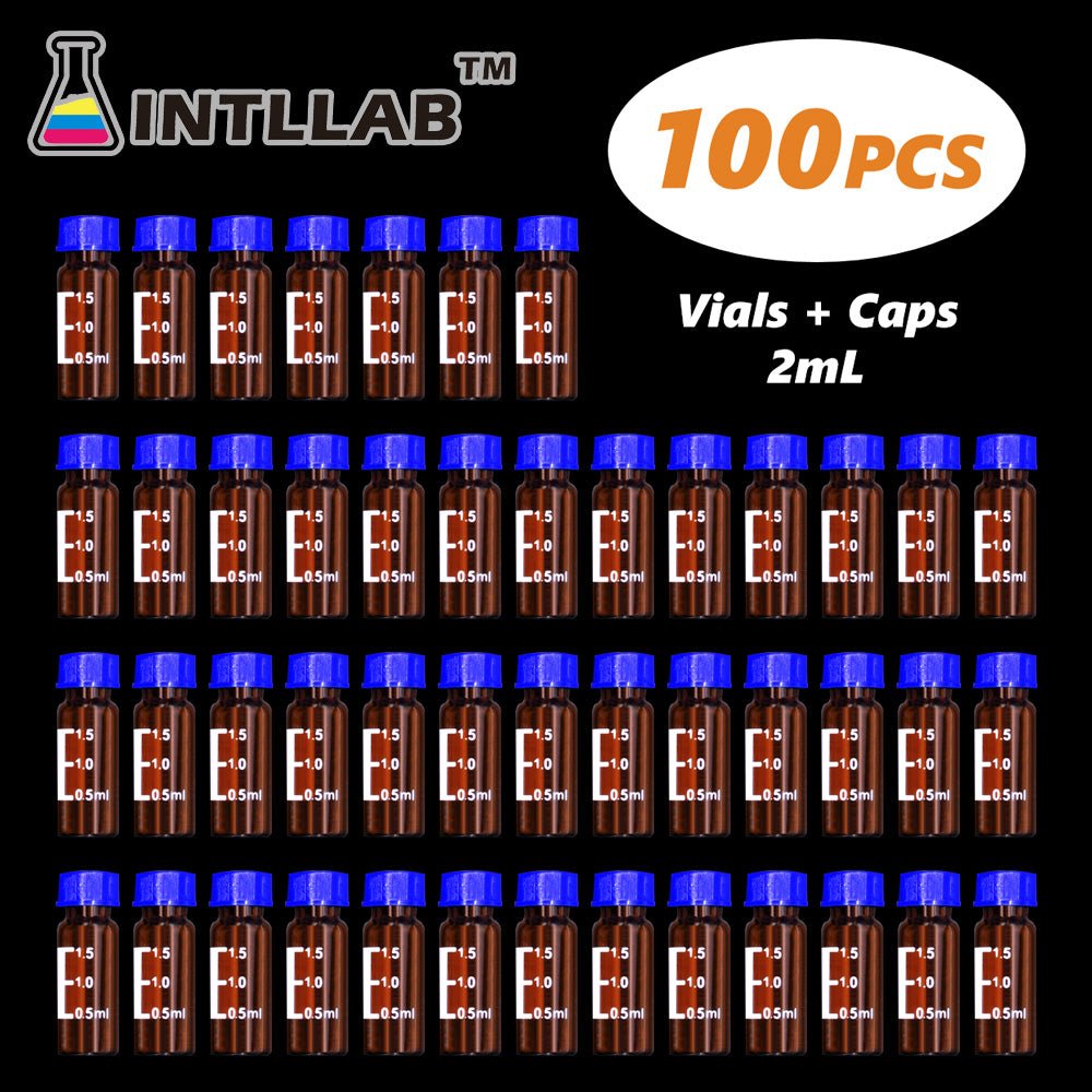 INTLLAB 100pc 2ml HPLC Autosampler Vials - 9mm Lid & Septa Graduated Lab Vials - INTLLAB Store