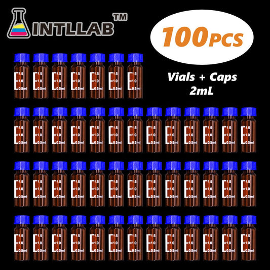 INTLLAB 100pc 2ml HPLC Autosampler Vials - 9mm Lid & Septa Graduated Lab Vials - INTLLAB Store